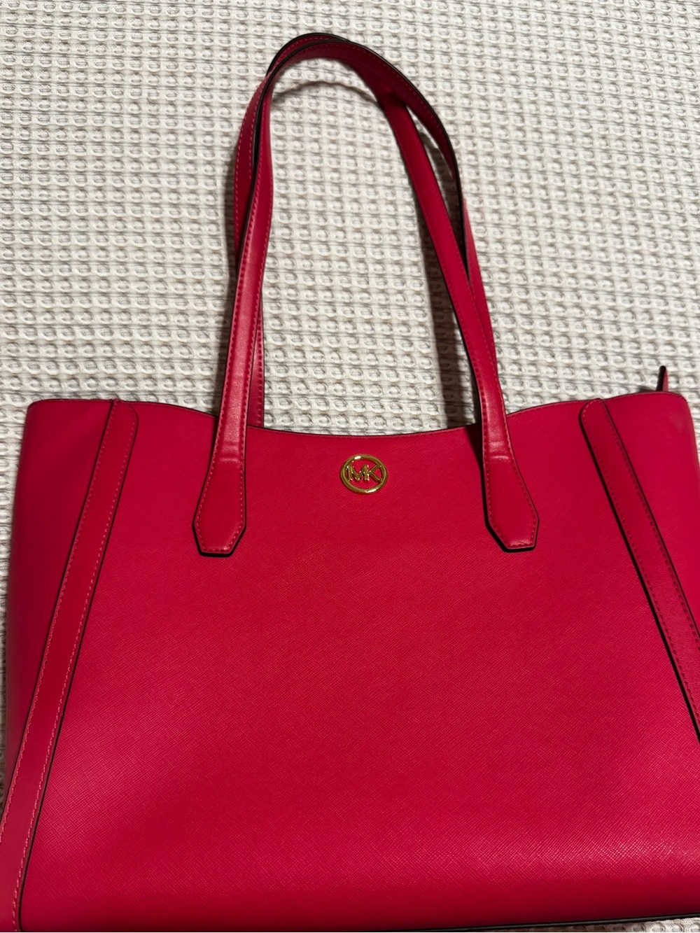 Michael Kors Hot Pink Saffiano Leather Tote with Gold MK Emblem